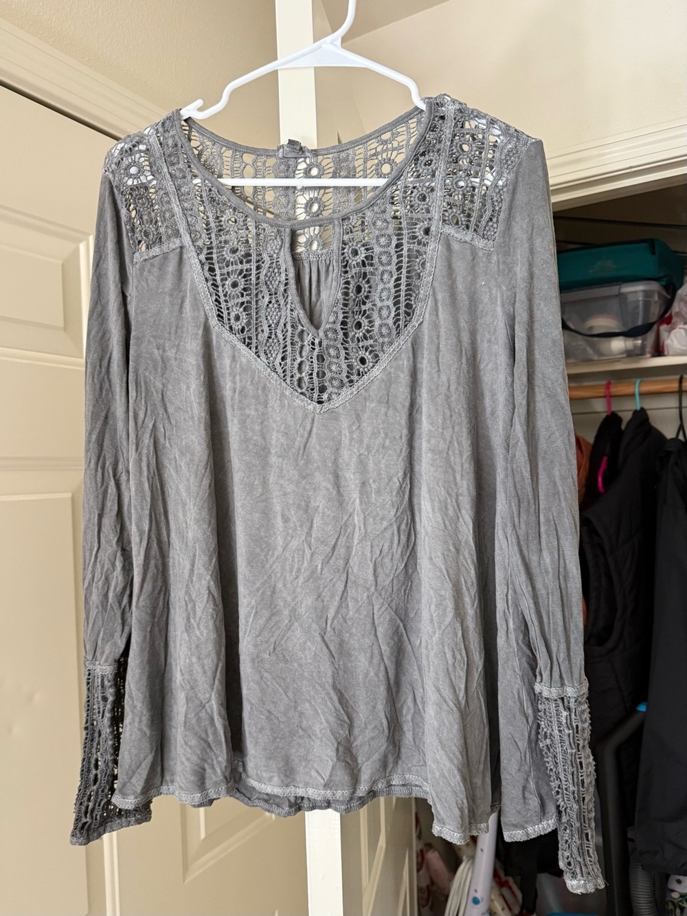 POL Grey Crochet Yoke Long Sleeve Tunic